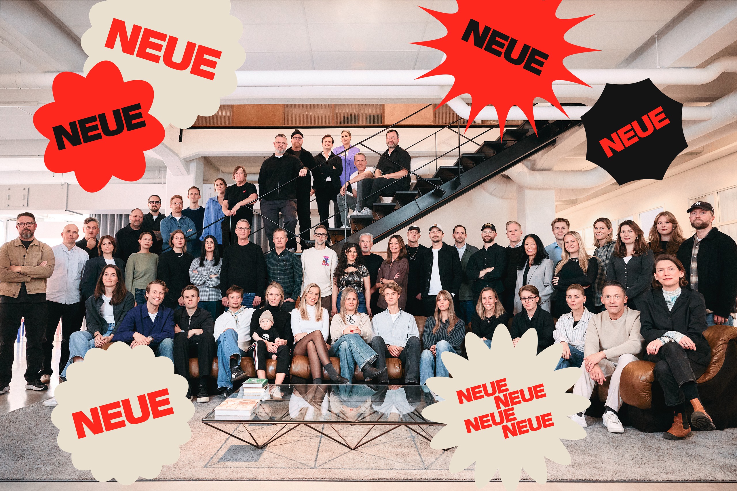 The Jung team at the office on Gävlegatan, with Neue stickers
